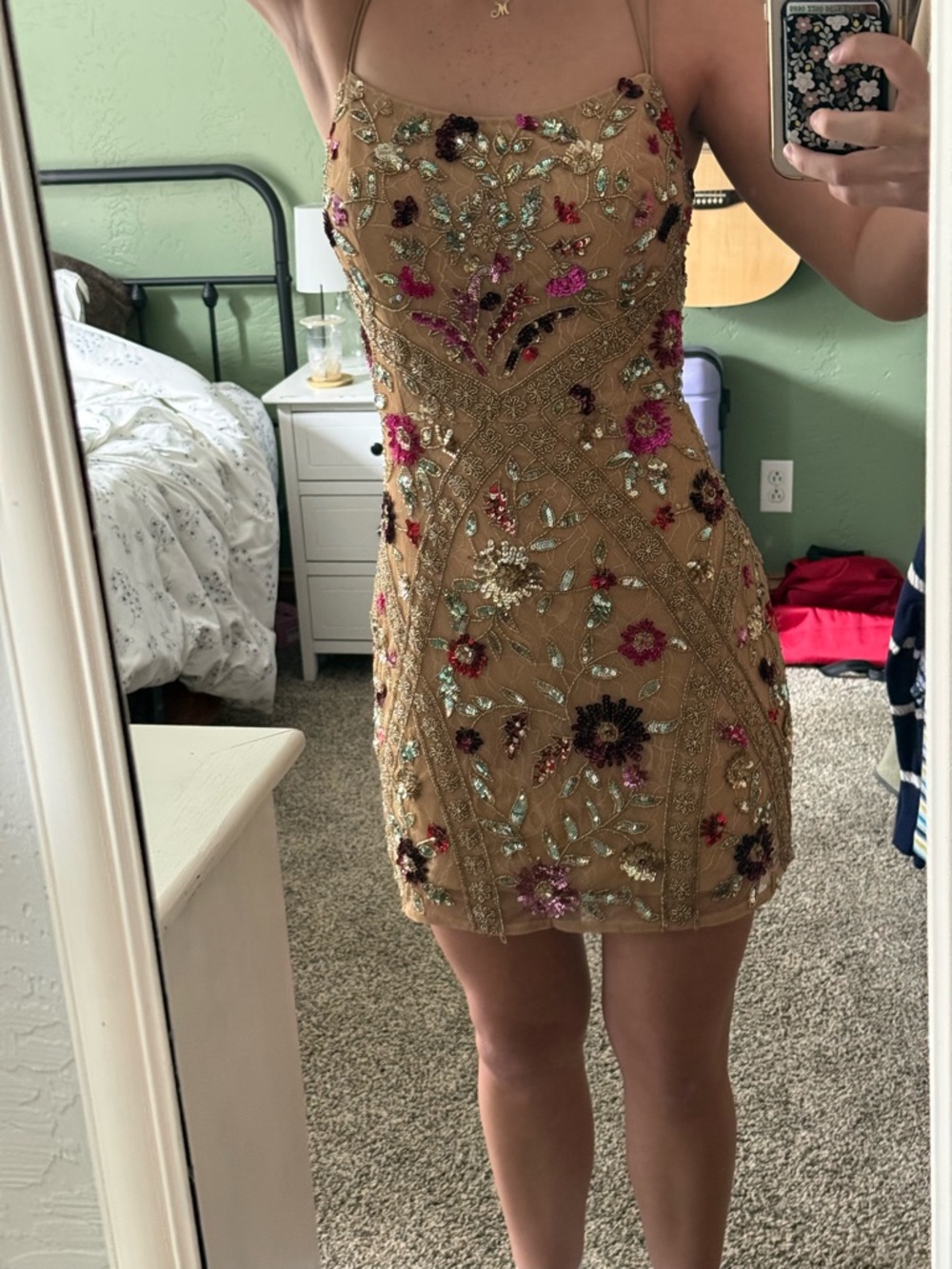 Sherri Hill Beige Sequin Floral Mini Dress - Picture 5 of 6